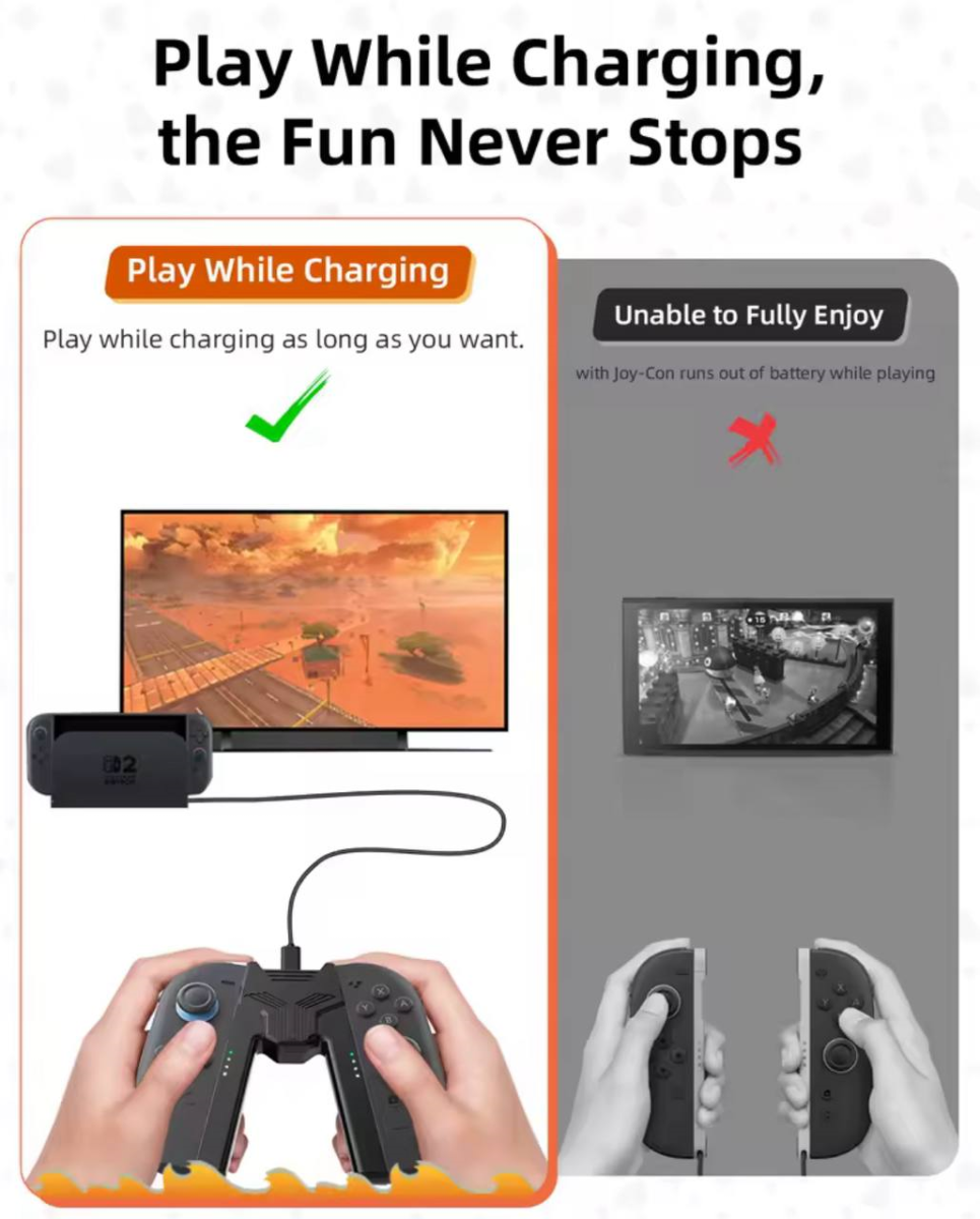 Портативний зарядний тримач-док-станція для Joy-Con Nintendo Switch 2. Зручний ергономічний дизайн, можливість гри під час зарядки, провідне USB-підключення та компактні розміри. Ідеальний аксесуар для дому та подорожей.
